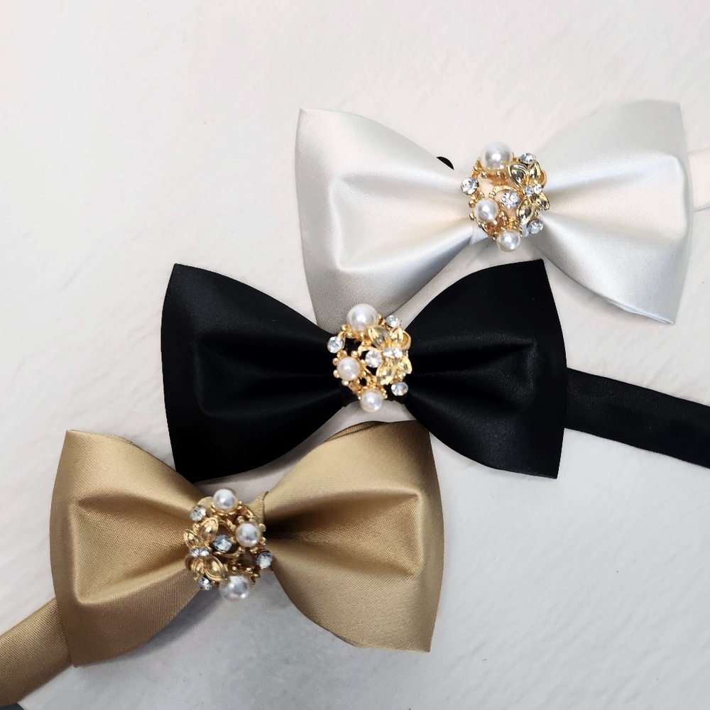 NEW Groom metal jewel charm pearl Sateen groomsmen black gold white Bow Tie
